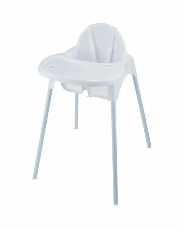 A white high chair with a tray on it on a white background.