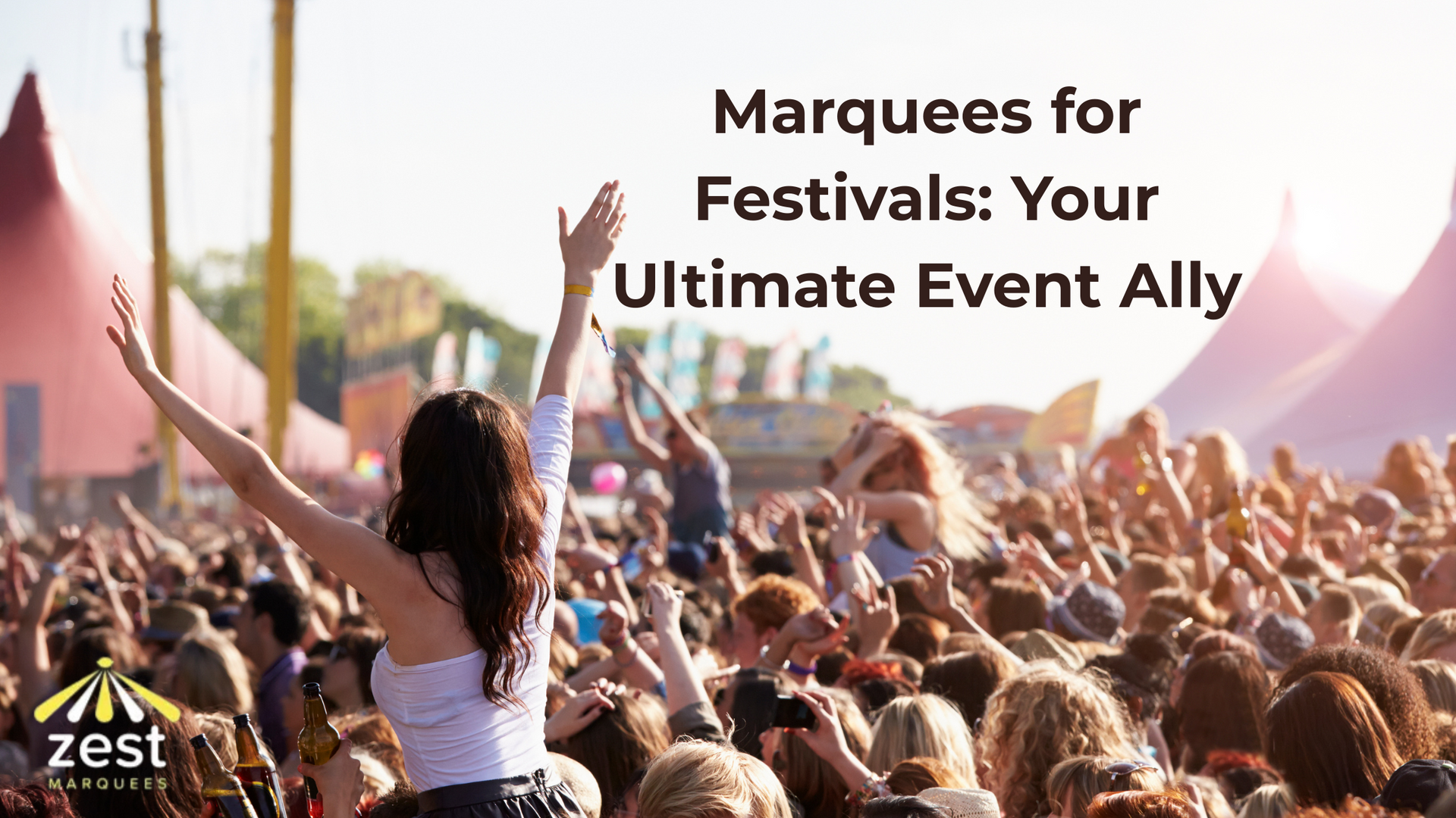 A woman is standing in front of a crowd of people at a festival.