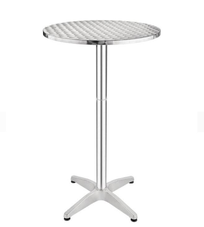 A round stainless steel table with a cross base on a white background.