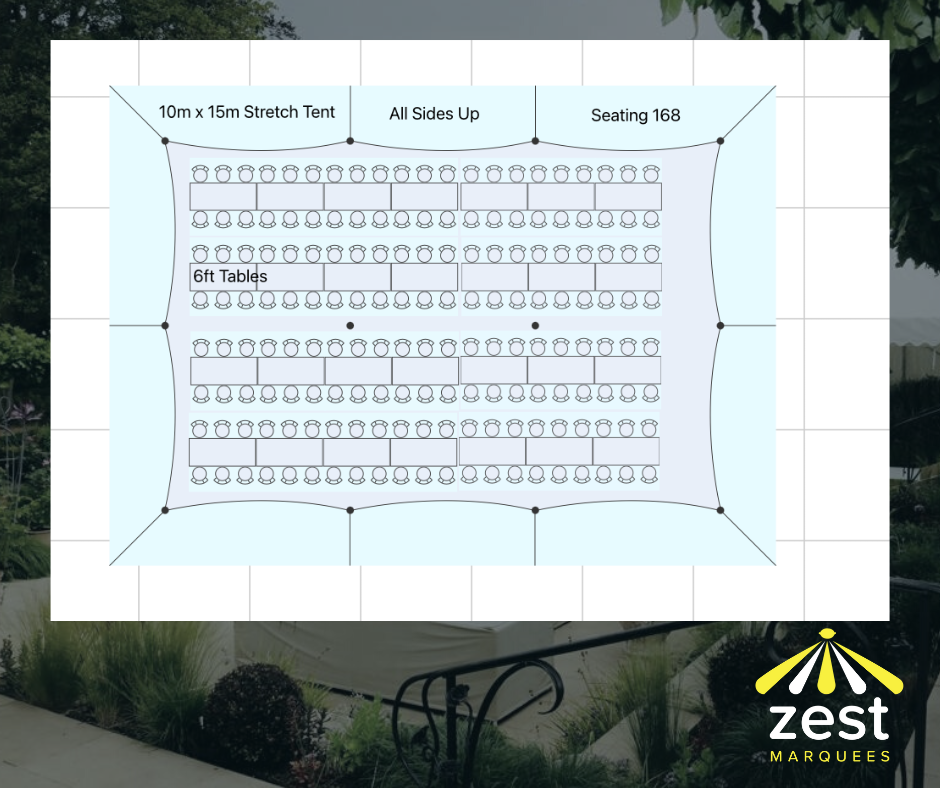 A diagram of a zest marquee with tables and chairs