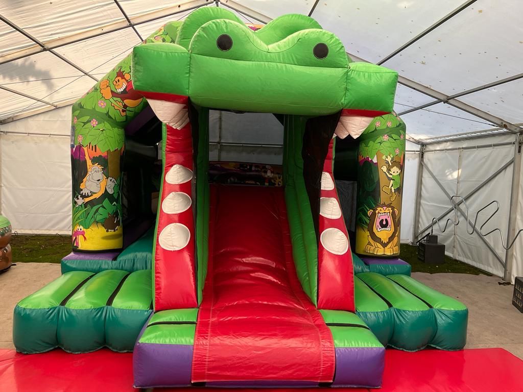 A green and red bouncy castle with a slide in the shape of a crocodile.