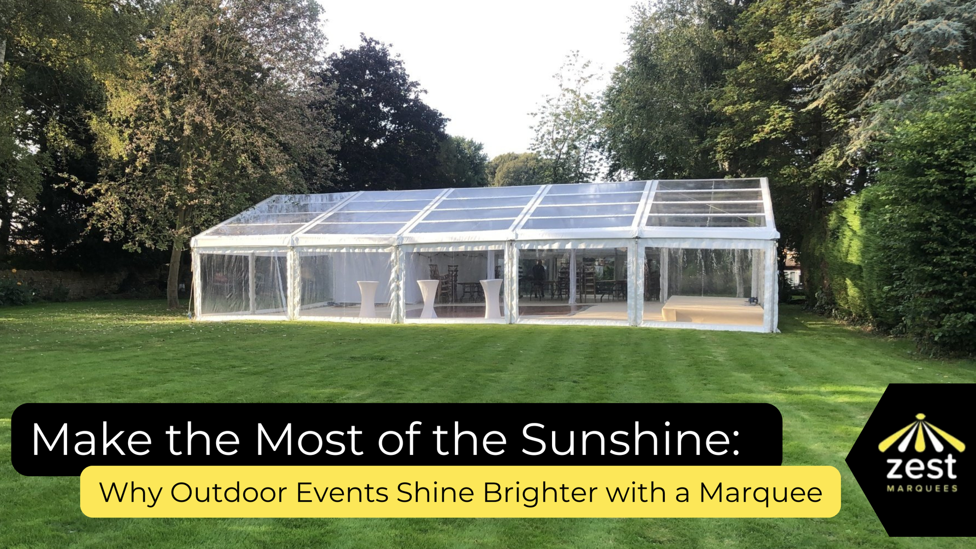 A white marquee set in a lush green garden under a sunny sky, with text overlay promoting outdoor event marquees.