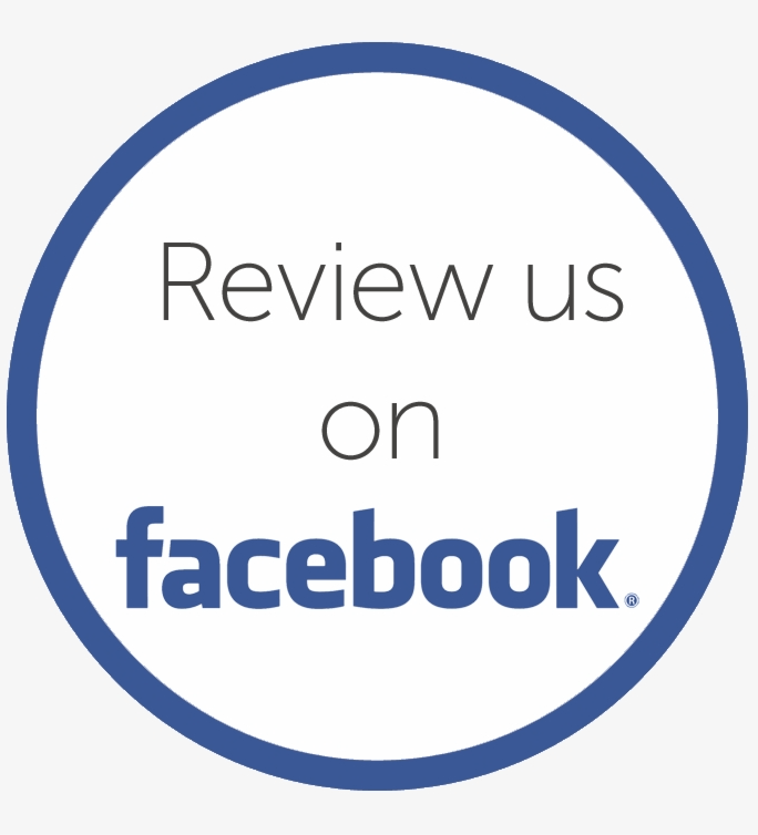 A blue circle with the words review us on facebook written inside of it.