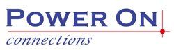 A blue and white logo for power on connections