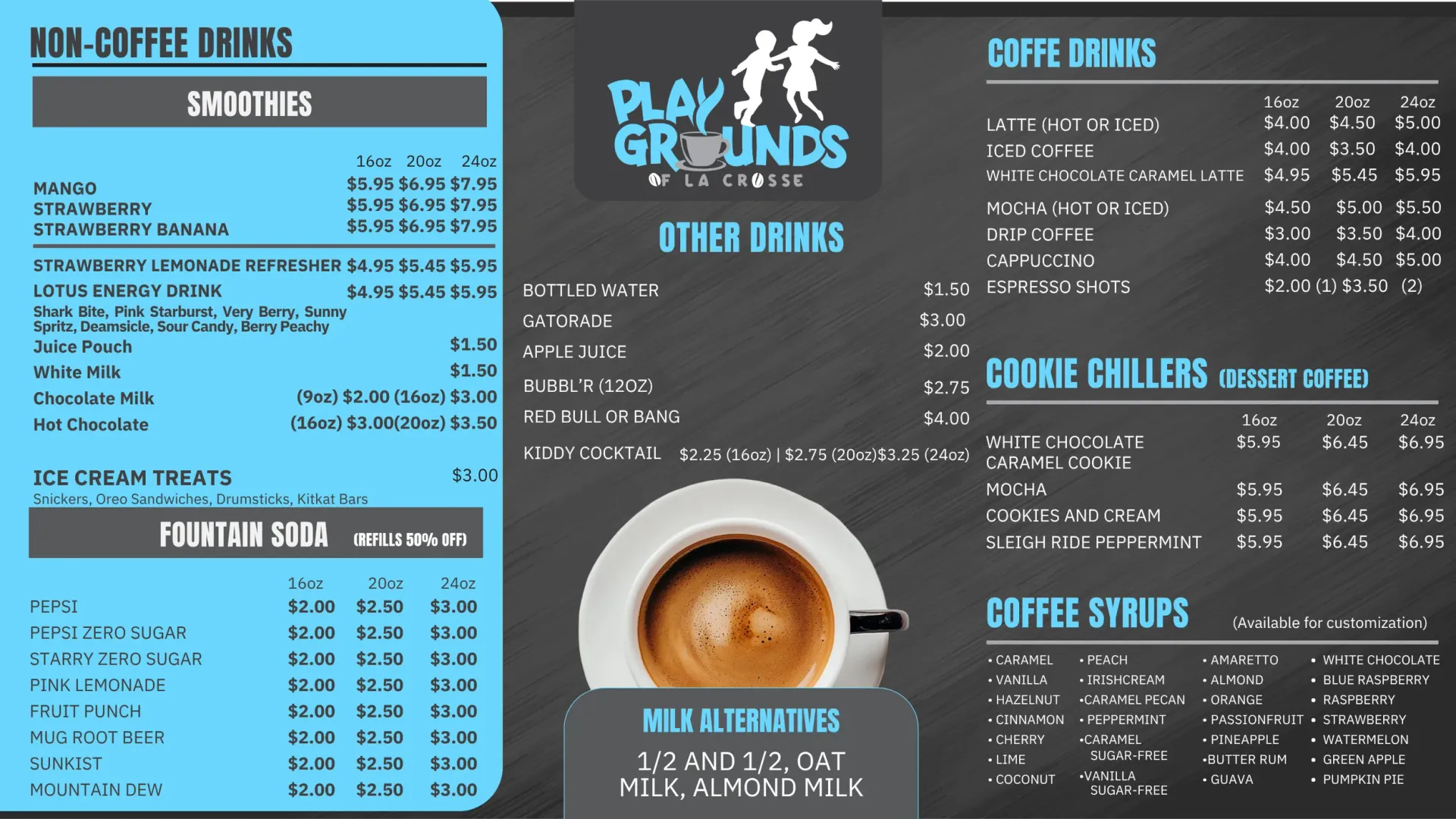 Menu board with drink options categorized as non-coffee, coffee, and other drinks. Playgrounds logo.