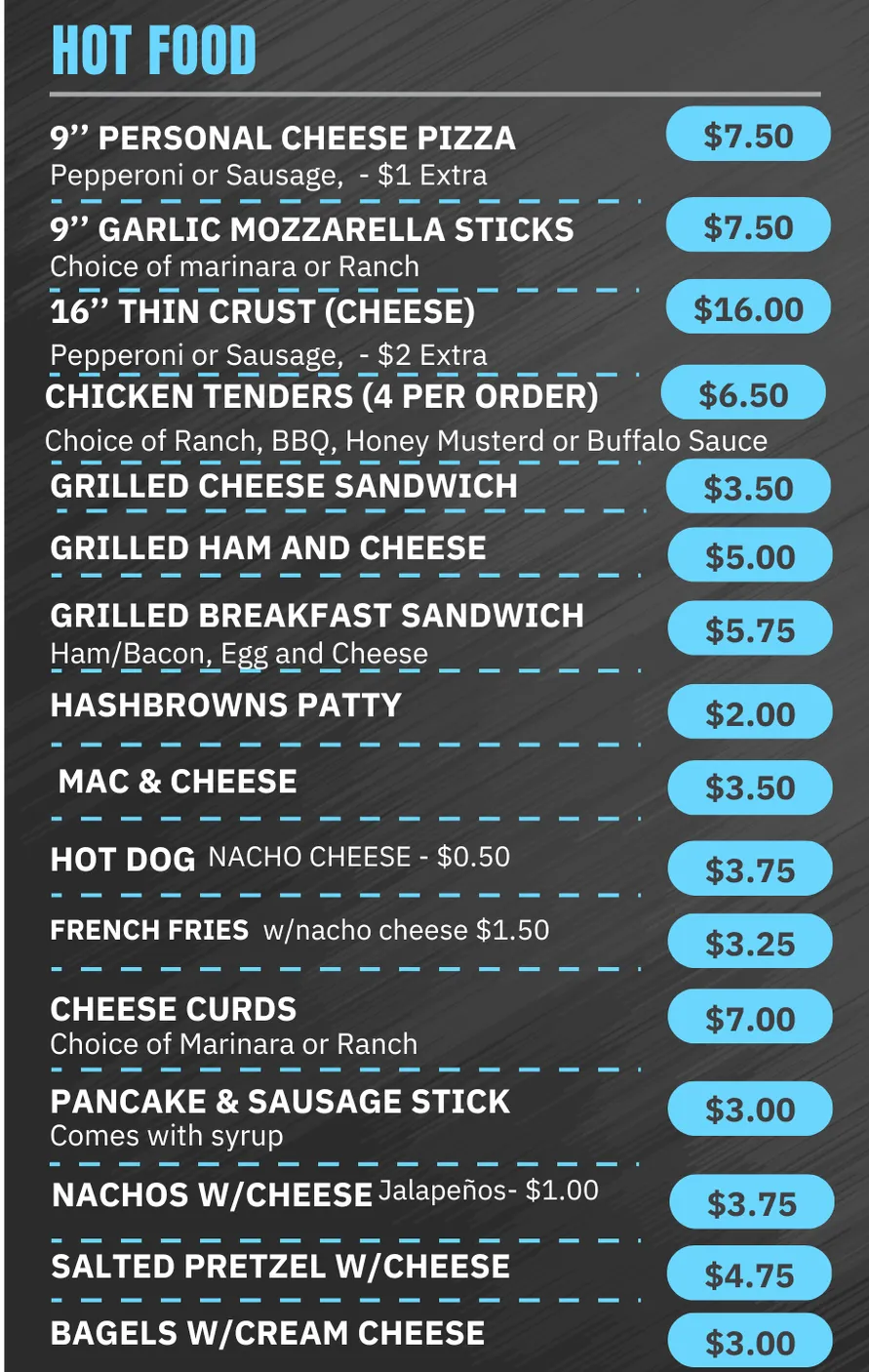 Menu board for Playgrounds Cafe listing hot food, cold food, snacks, breakfast, and lunch combos.