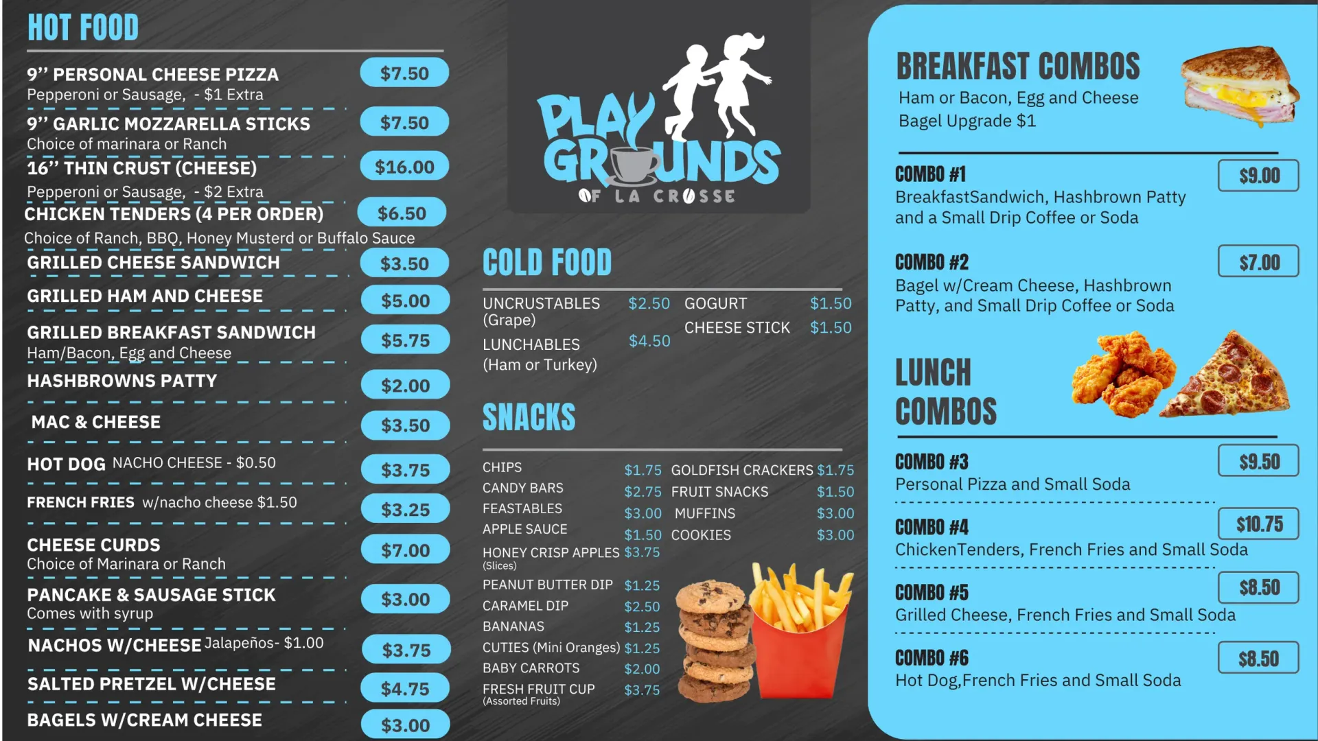 Menu board for Playgrounds Cafe listing hot food, cold food, snacks, breakfast, and lunch combos.