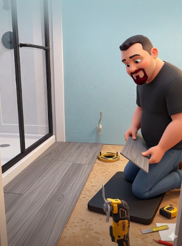 A person kneeling on a floor mat installs gray wood-look planks in a bathroom next to a shower and toilet drain.