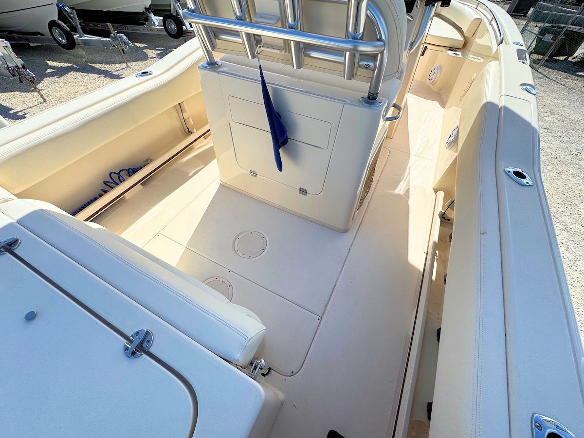 Boat deck, beige color, with center console, blue flag, stainless steel railing.