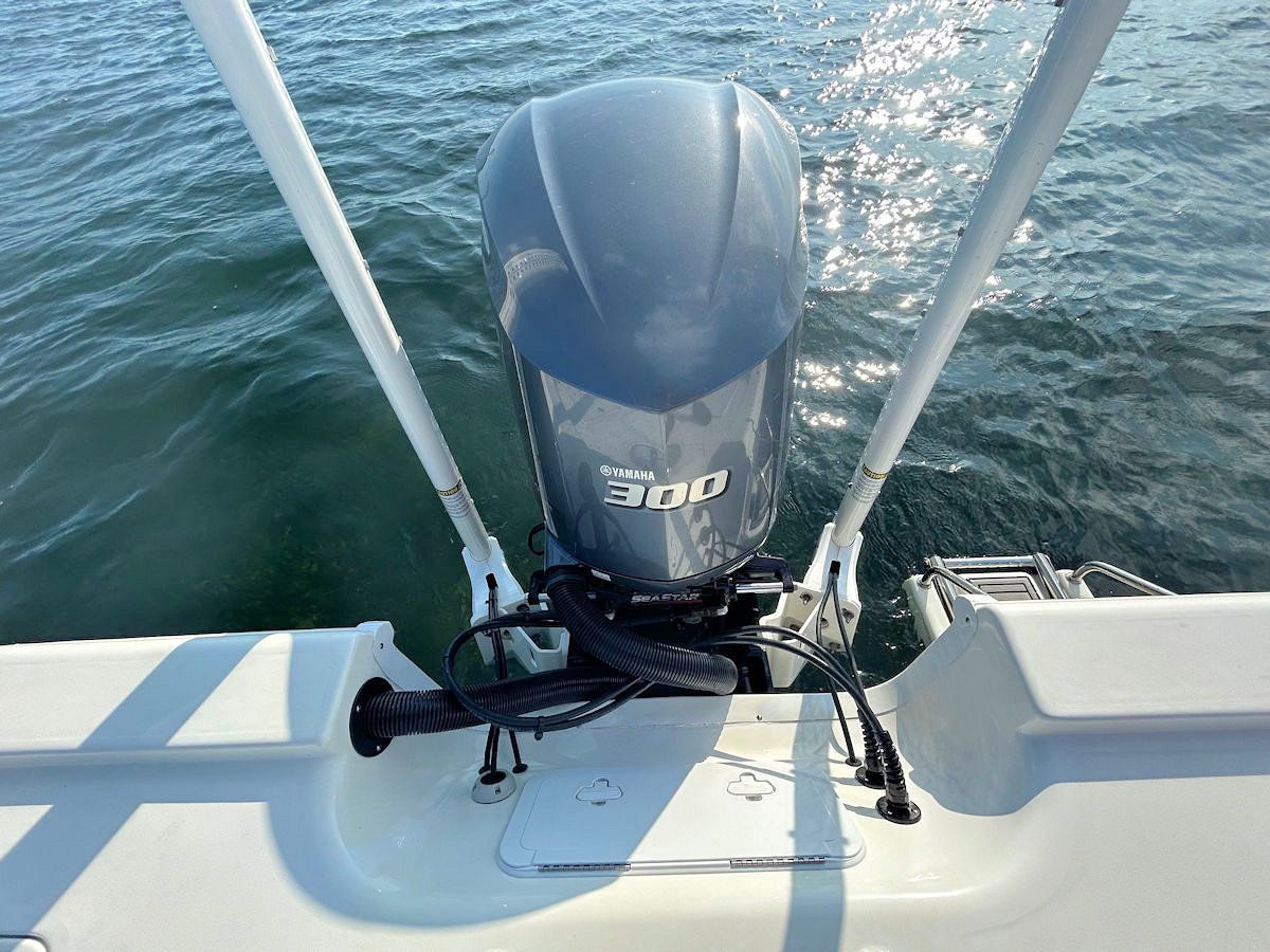 A motorboat's stern view: a blue 300 hp outboard motor, white frame, boat deck, and water.
