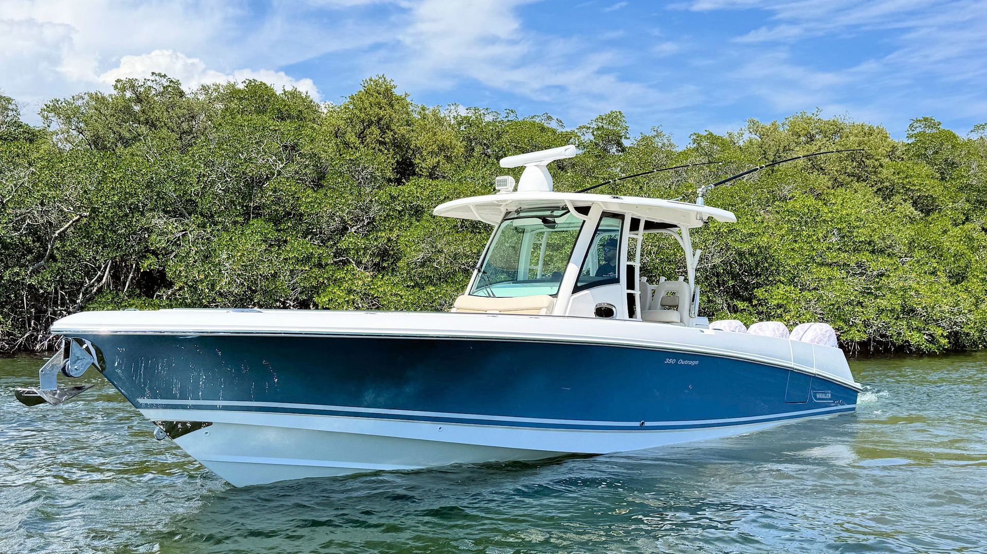 Blue-and-white center console  fishing boat floating on calm water with mangrove trees in the background