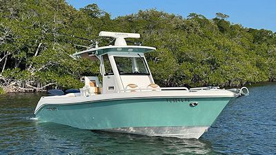 A teal and white motorboat cruising through calm water near lush green mangroves.