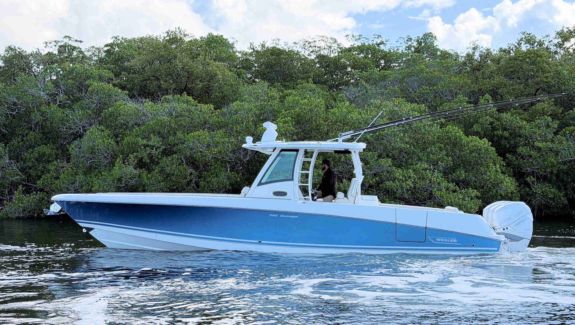Blue and white fishing boat speeding on water near a mangrove shoreline