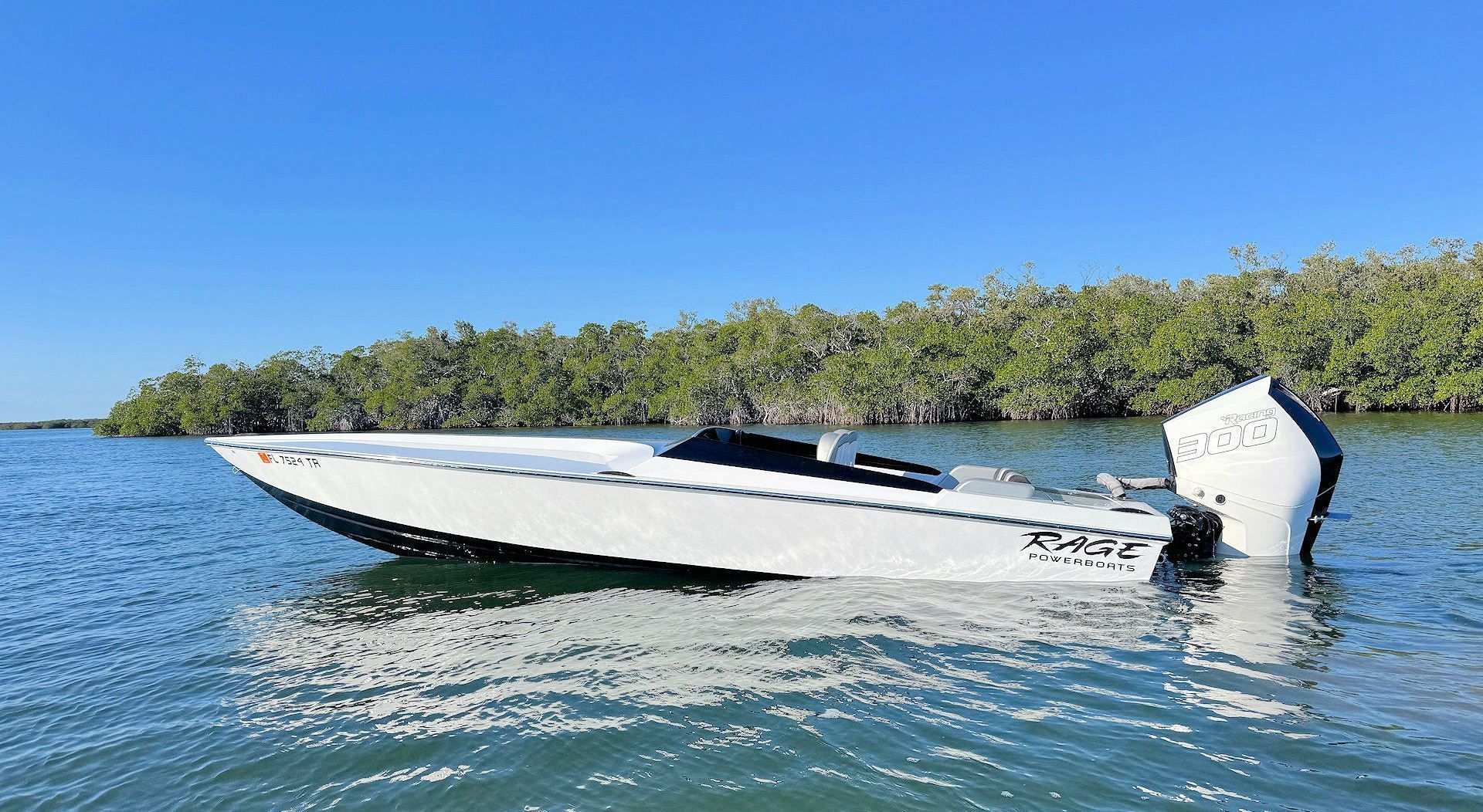 A sleek white high-performance boat with a black accent line sits in calm water near a shoreline with dense green trees.