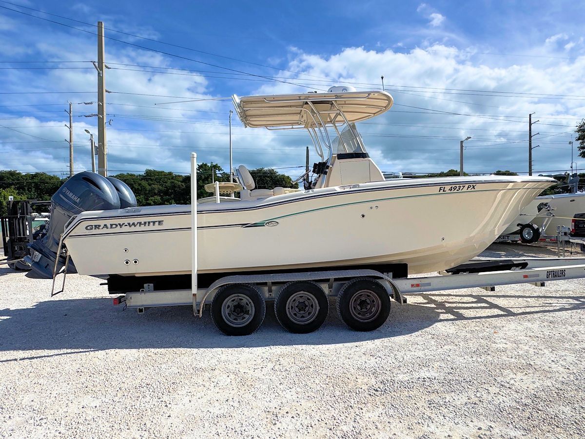 Beige center console boat on a trailer, blue dual outboard motors, under a light blue sky.