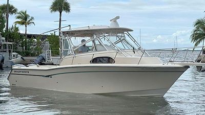 Tan and white motorboat on water with palm trees in the background.