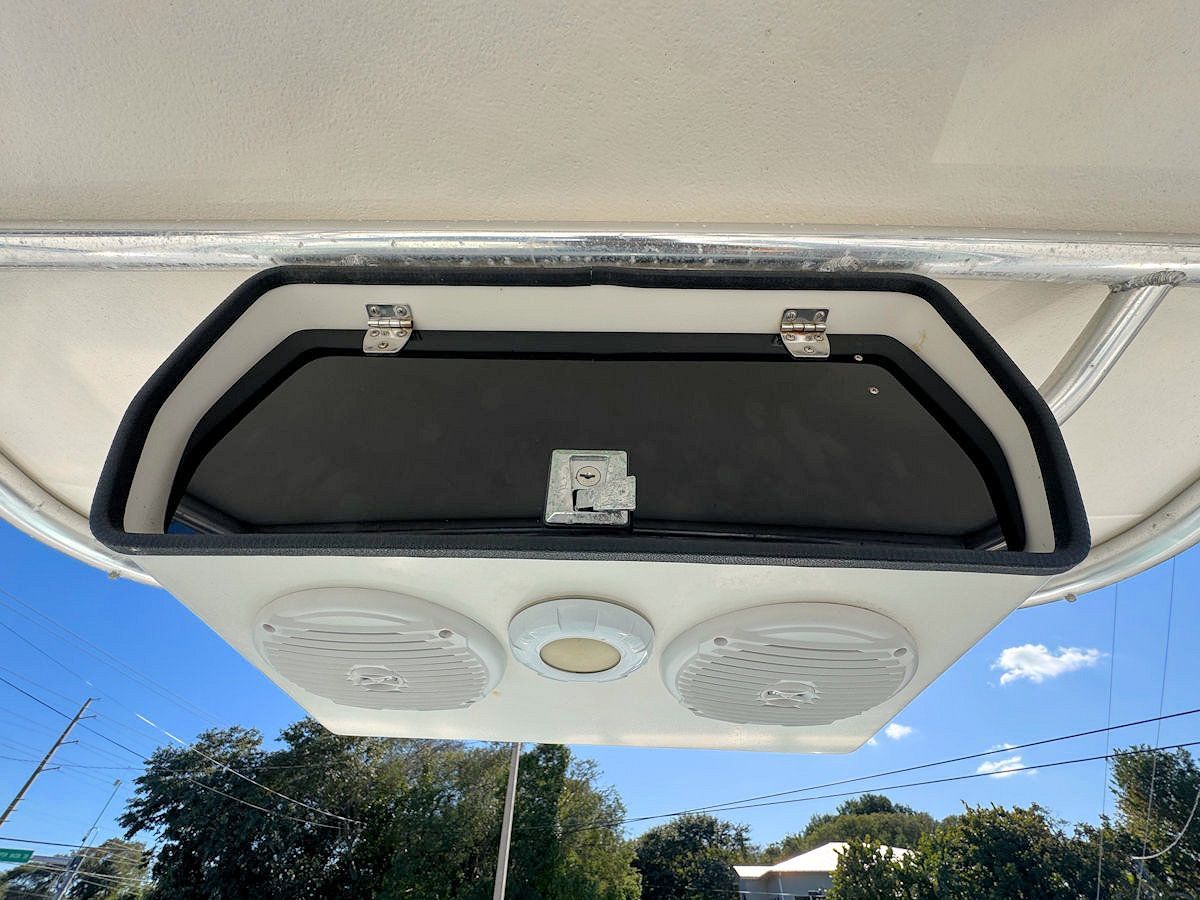 Interior boat view, overhead compartment with speakers and a storage door.