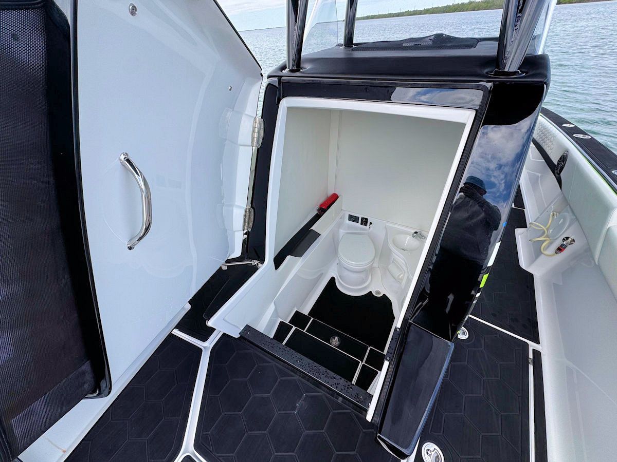 A boat's interior with a small enclosed toilet room, black and white color scheme.