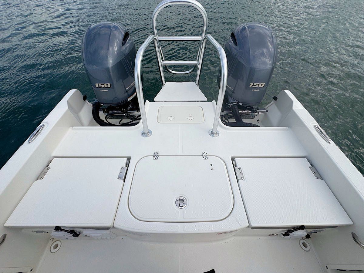 Stern of a white boat with two outboard motors, a ladder, and storage compartments.