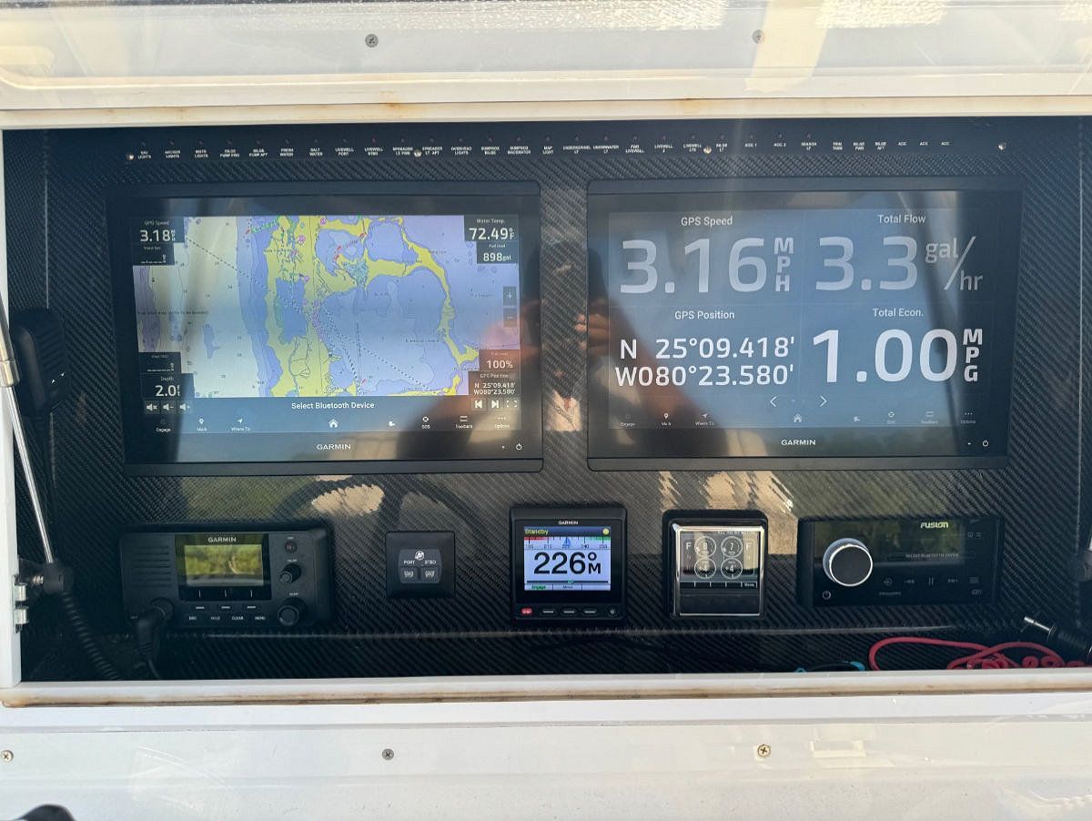 Boat's dashboard displays navigation map, speed, location, and other gauges. Digital screens with black and blue.