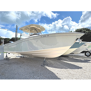 White speedboat on calm water with blue sky and light foliage in the background.