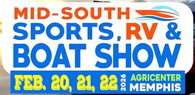 2026 Mid-South Sports, RV & Boat Show Mid-South Sports, RV & Boat Show in Memphis, Feb. 20-22, 2026. Logo with boat illustration.