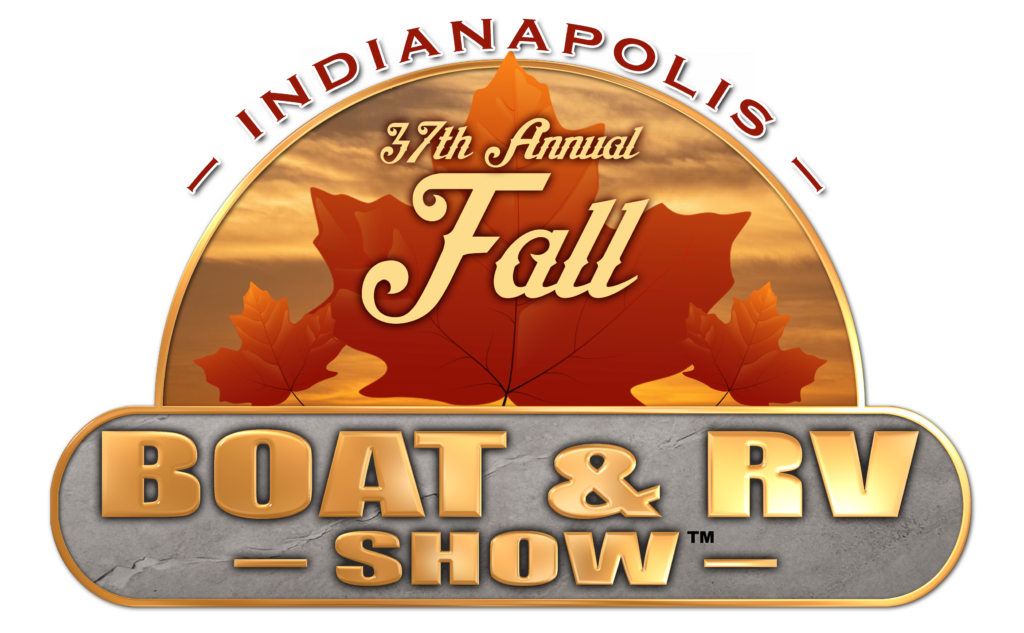 Indianapolis 37th Annual Fall Boat & RV Show logo in orange, gold, and gray with autumn leaves