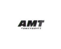 A black and white logo for amt powerboats on a white background.