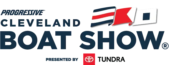 Cleveland Boat Show Logo for the Progressive Cleveland Boat Show. Features text and boat flags, presented by Toyota Tundra.
