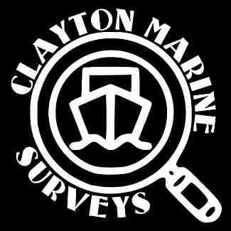 Clayton Marine Surveys logo: white ship icon and text on a black circular emblem with a magnifying glass