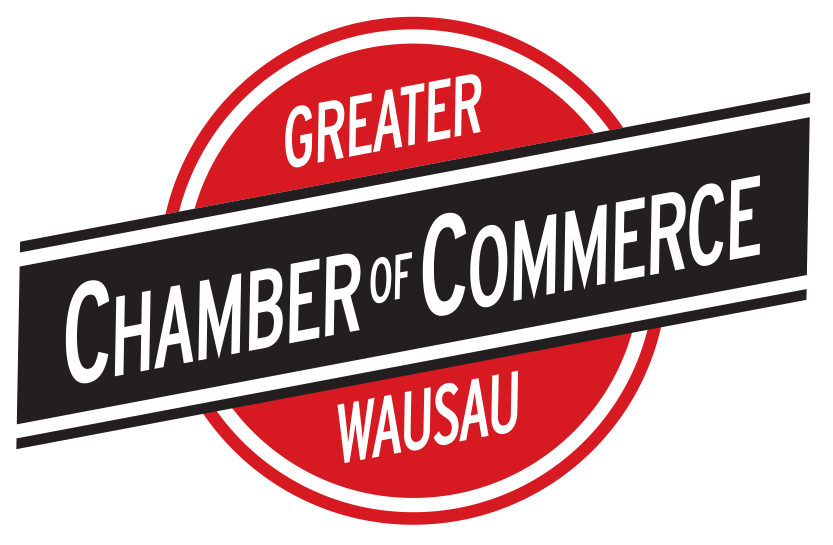 Greater Chamber of Commerce Wausau Logo for Greater Wausau Chamber of Commerce, white text on black band, within red circle;