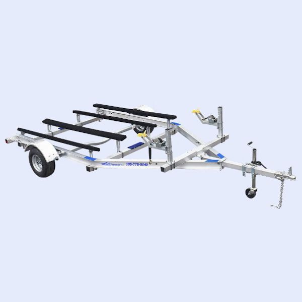 Boat trailer, silver frame, black rollers, winch, white tire, blue accents.