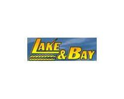 The lake & bay logo is yellow and blue with a blue sky in the background.