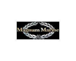 A logo for magnum marine with a laurel wreath on a black background.