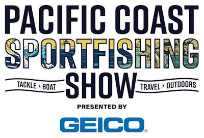 Pacific Coast Sportfishing Show - OC Pacific Coast Sportfishing Show logo: text on white background with blue and yellow accents, presented by Geico.