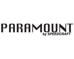 The logo for paramount boat by speedcraft is black and white.