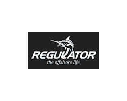 A black and white logo for regulator the offshore life with a marlin on it.