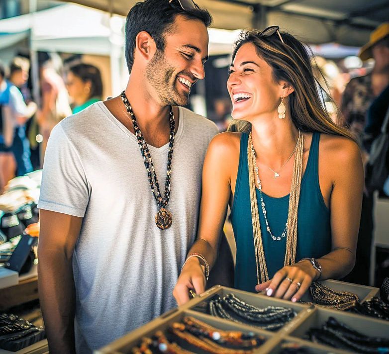 A man and a woman are standing next to each other at a market.