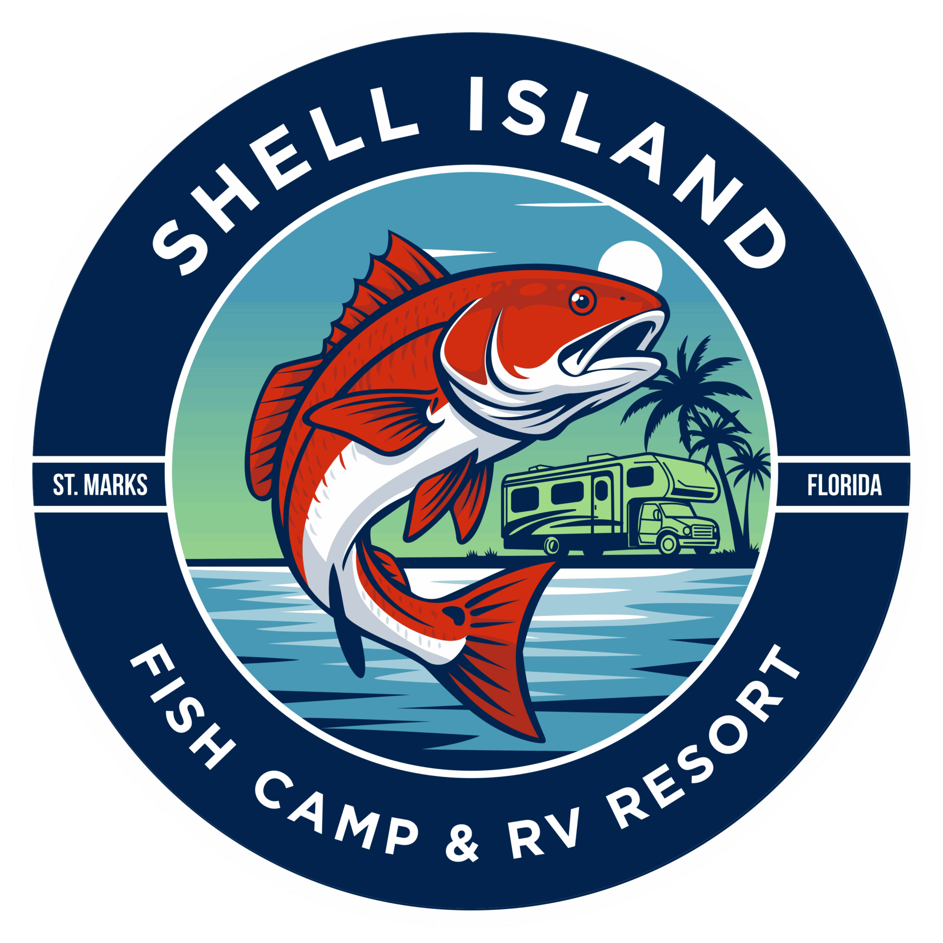 Shell Island Fish Camp & RV Resort logo: Red fish leaping from blue water, RVs, palm tree, and the words Shell Island.