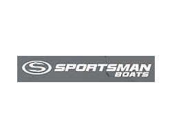 The logo for sportsman boats is gray and white.