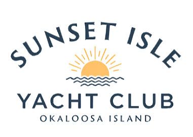 Sunset Isle Yacht Club logo with sun, waves, and Okaloosa Island text