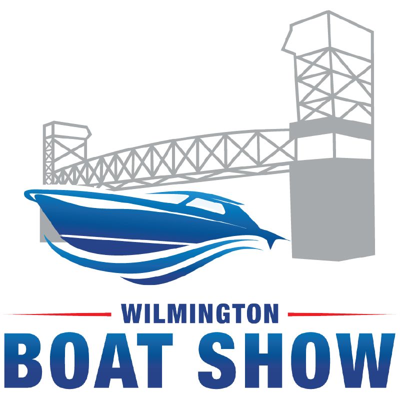 Wilmington Boat Show logo: Blue boat and waves with a bridge, blue and red text.