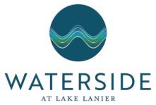 Logo for Waterside at Lake Lanier featuring a circular icon of stylized blue-green water waves above the text.