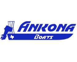 The logo for ankona boats is blue and white.