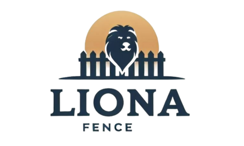 Lion head silhouette behind a fence, with a sun, and "Liona Fence" text.
