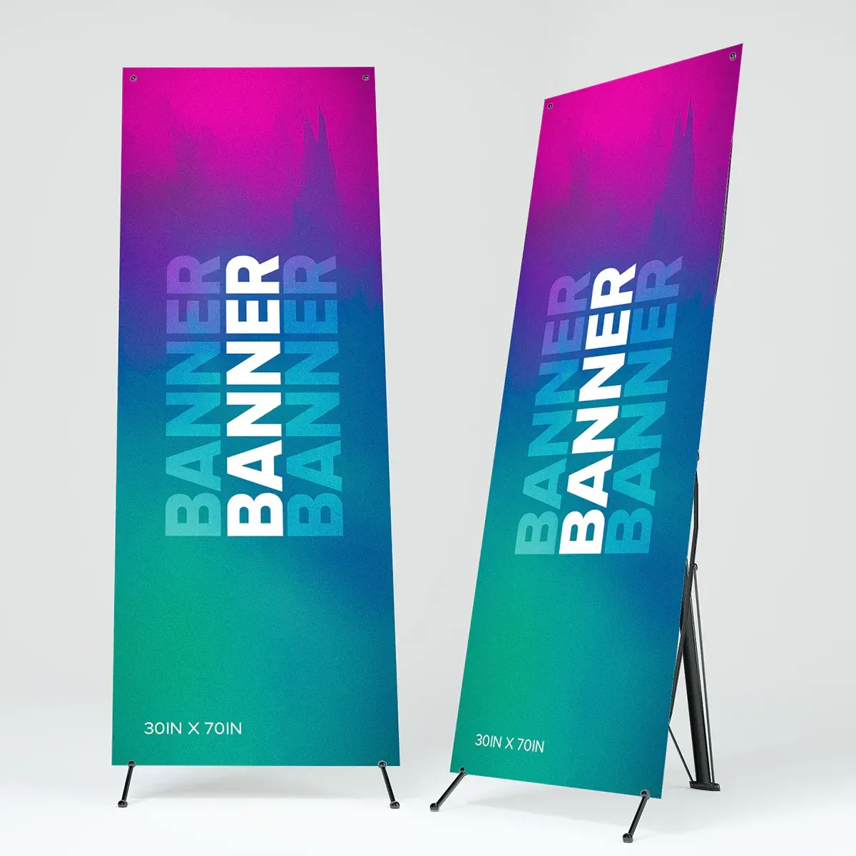 Dos soportes con forma de X con fondos degradados (rosa/verde azulado) y la palabra