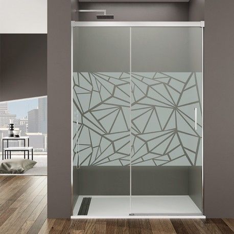 Cabina de ducha con diseño geométrico esmerilado sobre puertas corredizas de cristal.