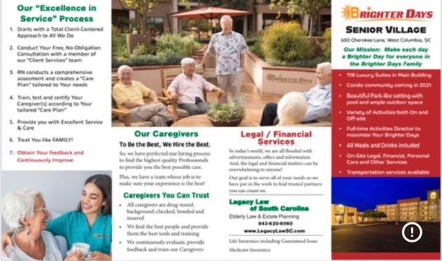 Brochure for Brighter Days Senior Village. Features residents, services, and contact information.