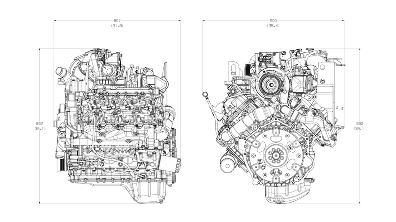 A black and white drawing of a diesel engine on a white background.