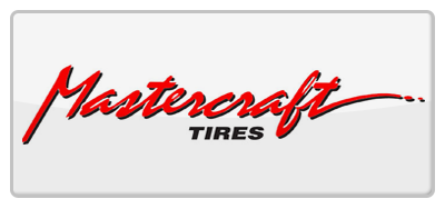 A red and white logo for mastercraft tires on a white background.